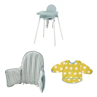 ANTILOP/KLADDIG set: highchair with tray + supporting cushion and cover + bib