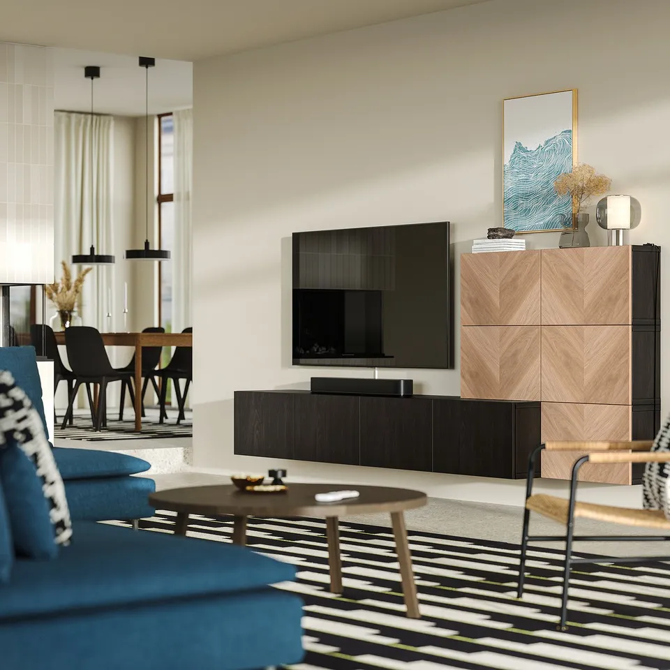 BESTÅ Media storage combination, black-brown Lappviken/Hedeviken oak, 300x42x114 cm