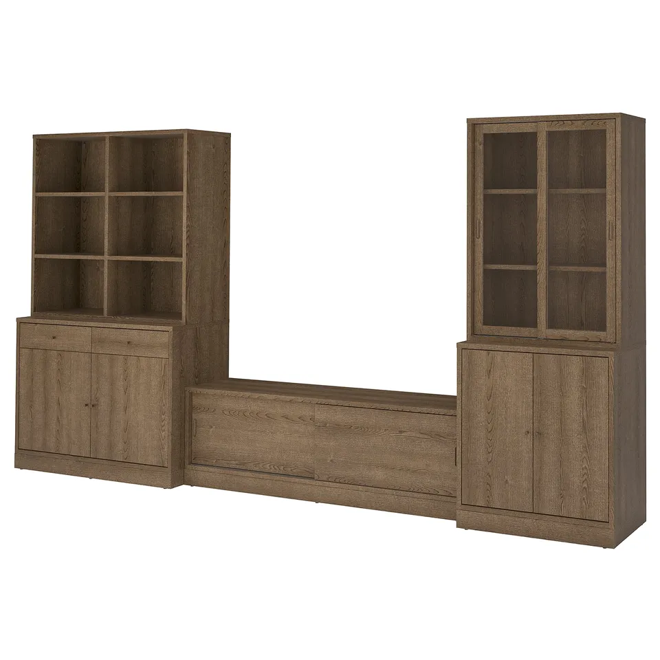 TONSTAD wooden storage set, brown. Shelves, cabinets, and drawers for storage. Made from oak veneer and particleboard.