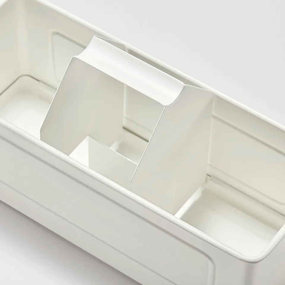 Organising bin, rectangular with handle, clean design, kitchen storage, powder-coated steel.