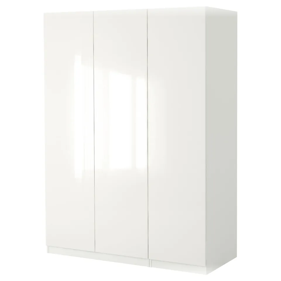 White PAX wardrobe, sleek design, glossy finish, rectangular shape, clean lines.