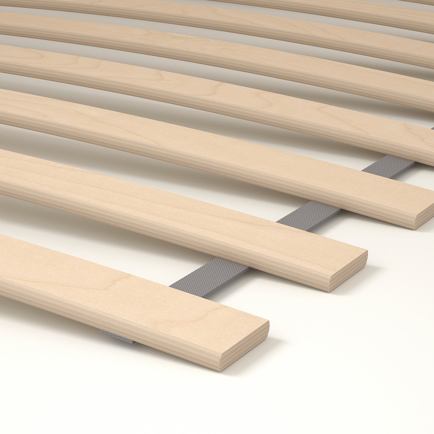 Image shows a quality wooden bed frame with evenly spaced slats, combining natural wood and black metal supports for durability.