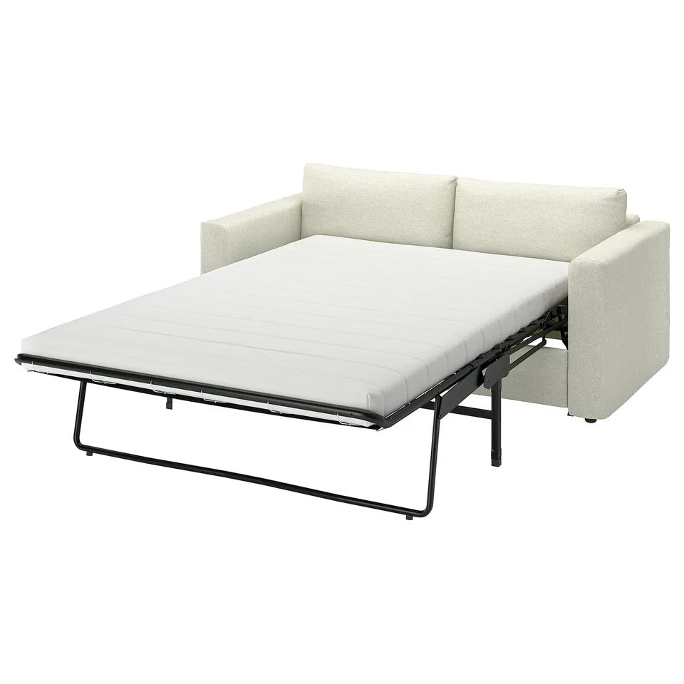 Light grey VIMLE 2-seat convertible sofa-bed with metal frame and thick mattress, ideal for small spaces.