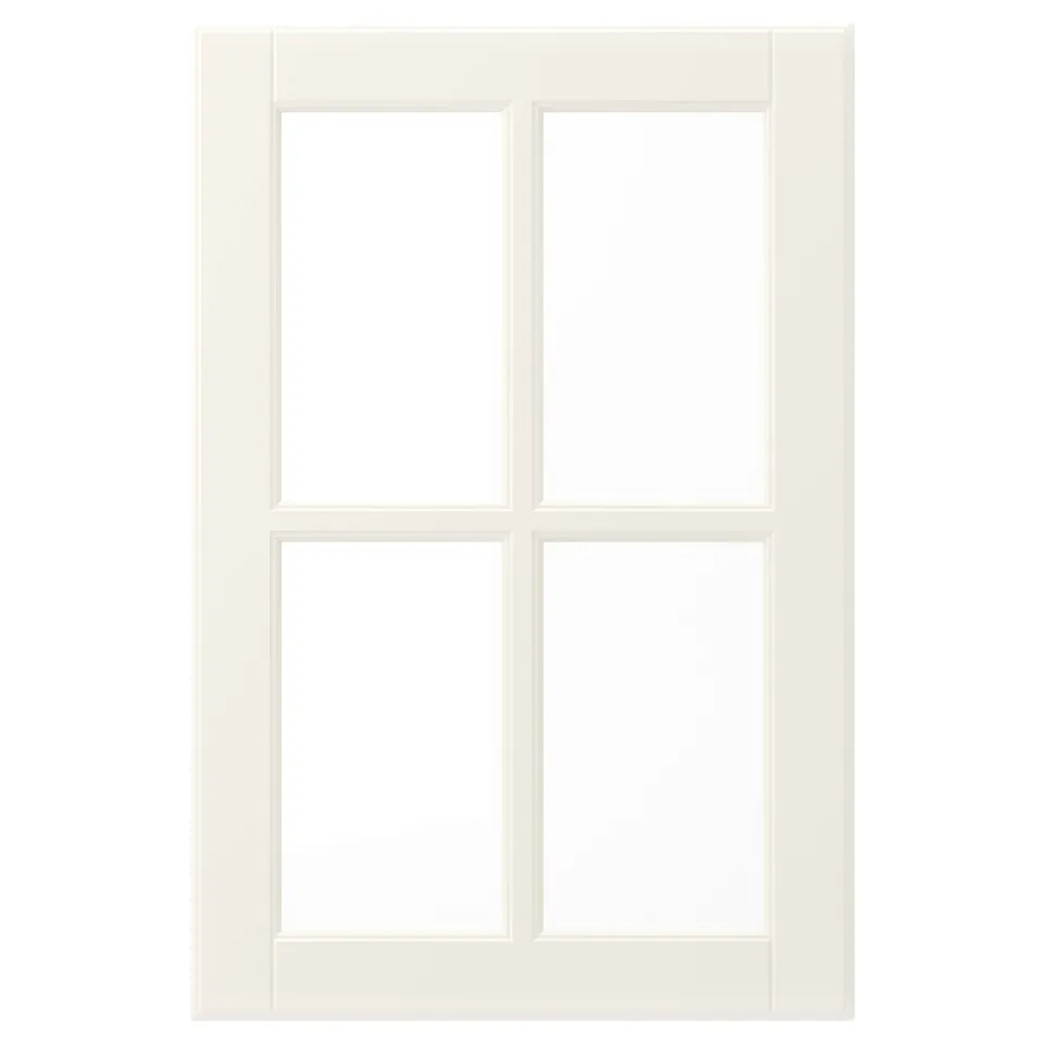 The BODBYN door is a classic off-white shape with bevelled panels, featuring a smooth polyurethane paint finish and tempered glass.