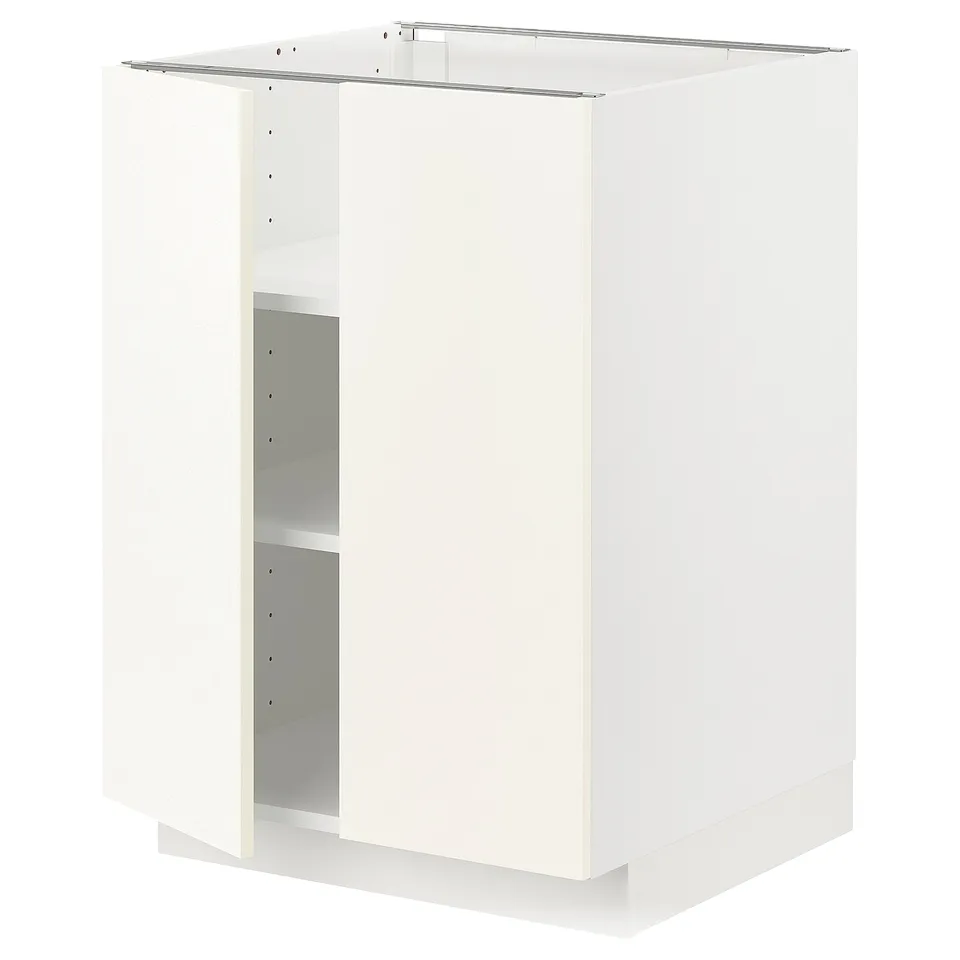 White modern kitchen cabinet, boxy shape with adjustable shelves, sleek design with clean lines.
