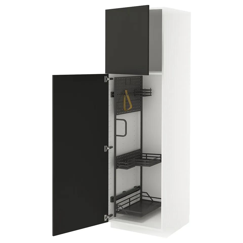 Modern white and black kitchen cabinet with open door, shelves, and organiser.