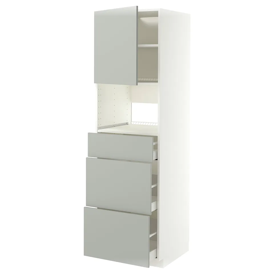 White IKEA METOD kitchen unit with grey drawers and shelves.