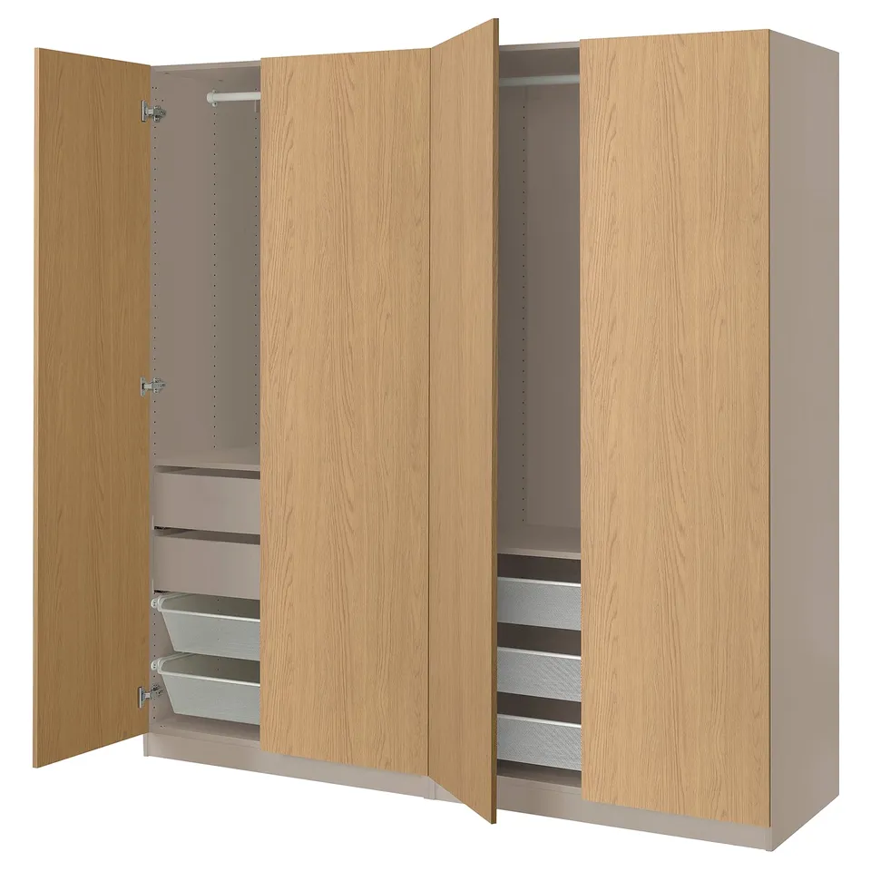PAX wardrobe: light wood, minimalist design, open doors revealing shelves and wire baskets.