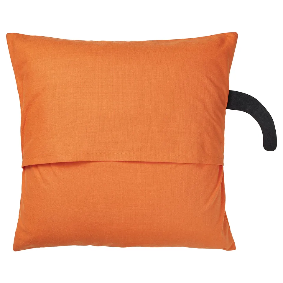 Orange square cushion cover, cat tail side detail, cotton, hand-embroidered.