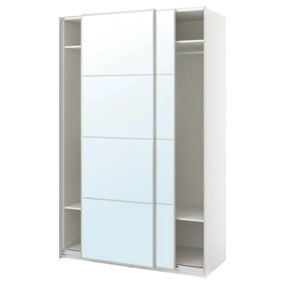 White PAX wardrobe with mirrored sliding doors and metal shelves. Modern, minimalist design.