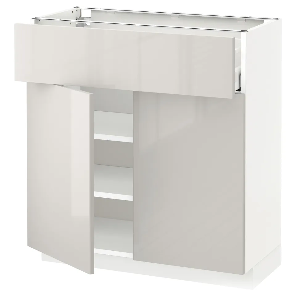 METOD white kitchen cabinet, high gloss, rectangular, with shelves.