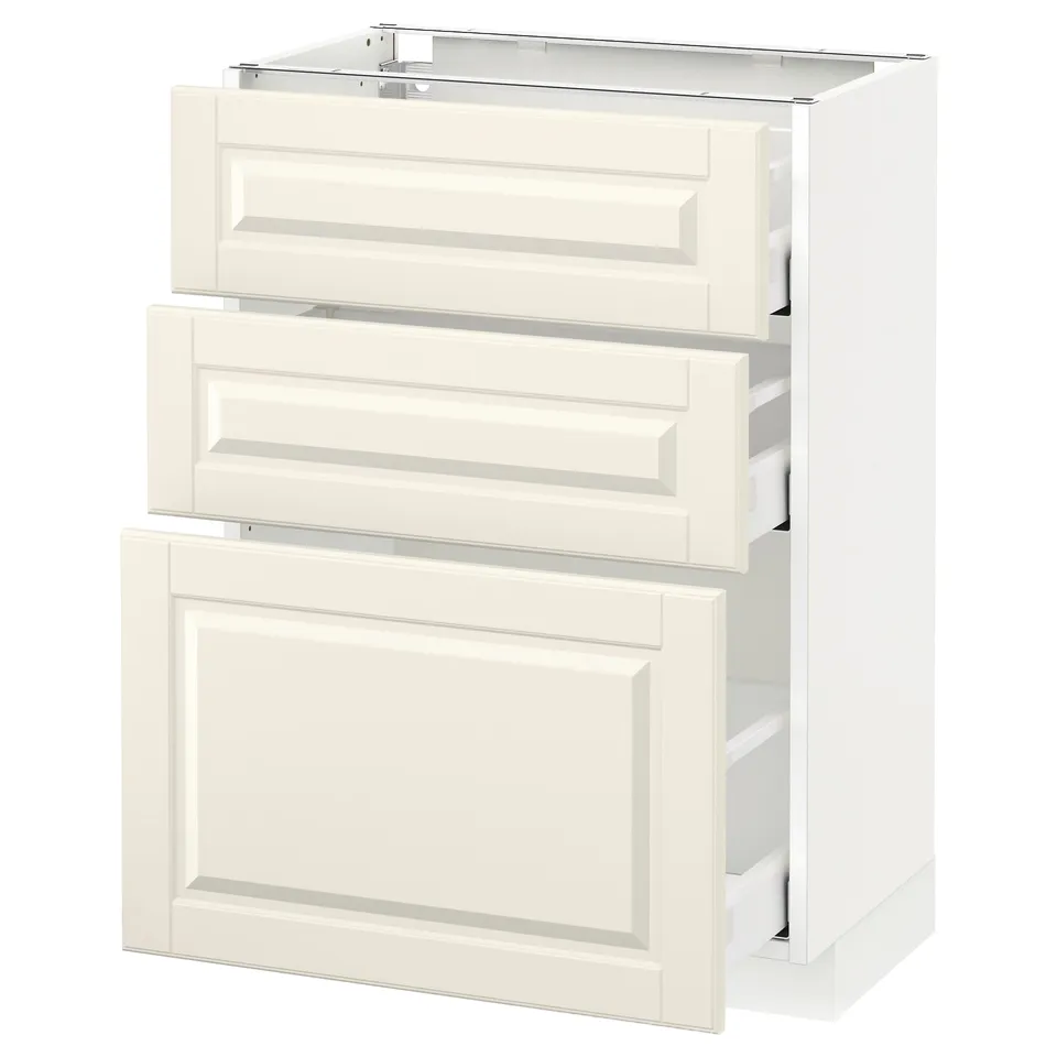 The METOD kitchen cabinet in white with off-white bodbyn fronts featuring bevelled edges for a classic look.