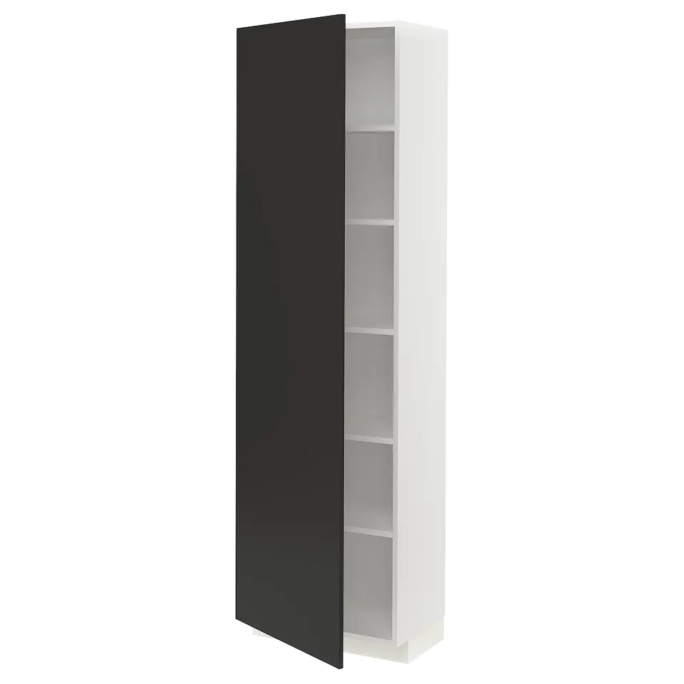 A white tall cabinet with a black door, featuring adjustable shelves, part of the METOD kitchen system.
