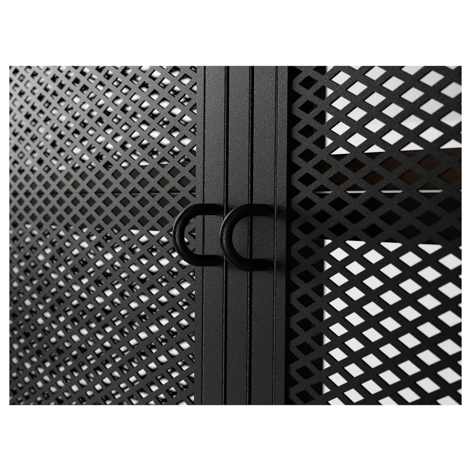 Black metal cabinet with perforated doors and d-shaped handles; sturdy, industrial design.