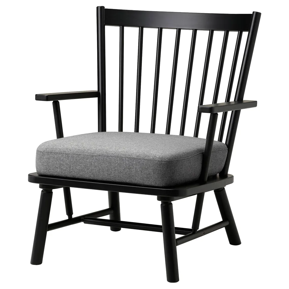 PERSBOL black chair, sleek spindle design, grey cushion, wooden frame.