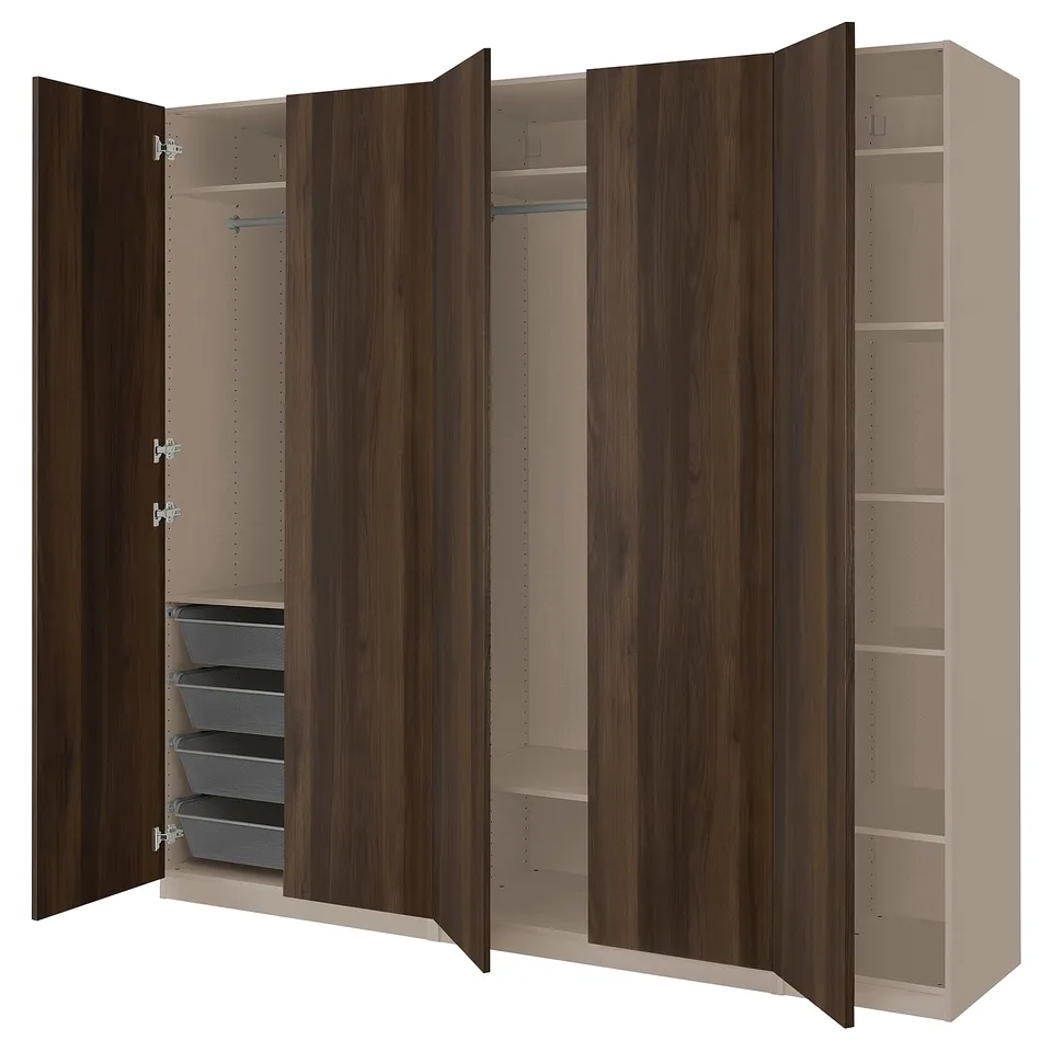 PAX wardrobe, dark brown, wooden, rectangular, with open shelves and drawers.
