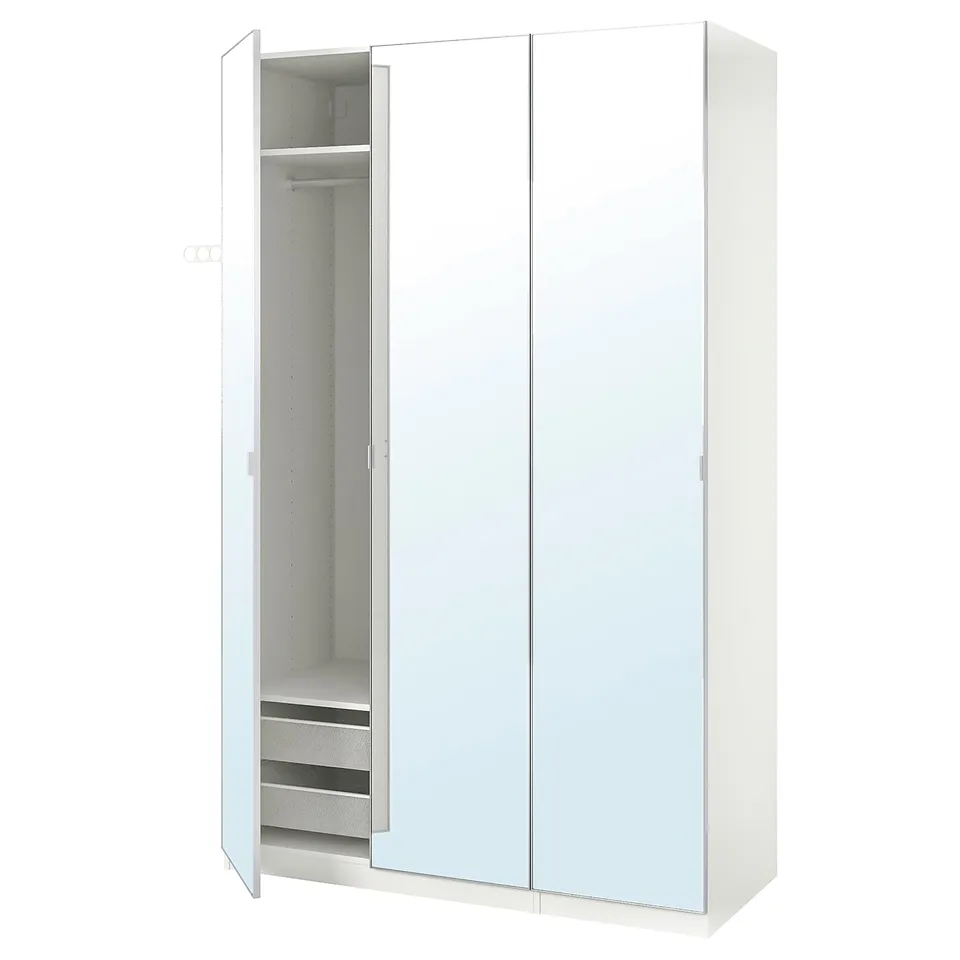 White PAX wardrobe, tall with mirror door, sleek design.