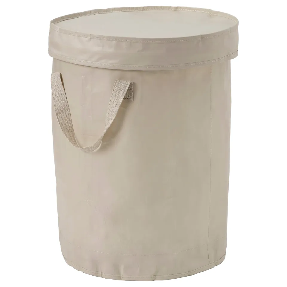 DIMPA beige laundry bag, circular, collapsible with side handles, divider for sorting.