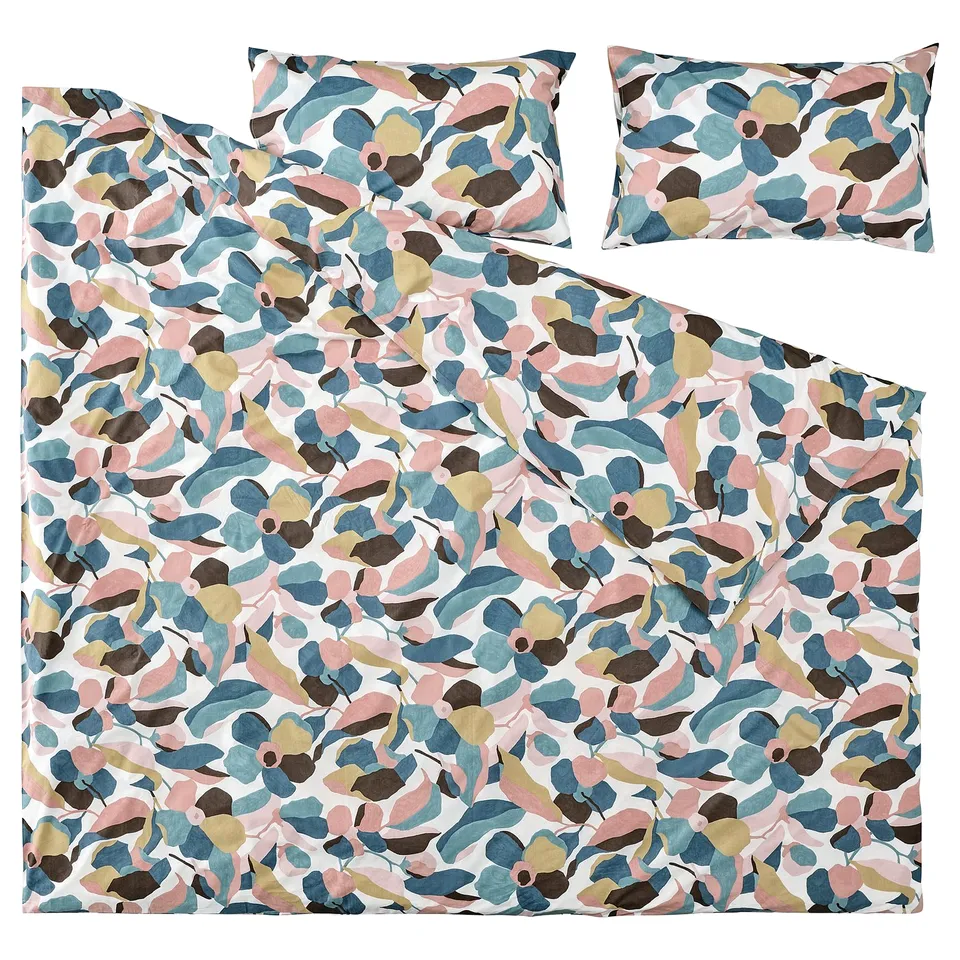 Abstract leaf bedding, blue, pink, green. Cotton & lyocell blend, duvet & pillowcases.