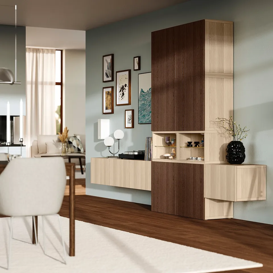 BESTÅ Media storage combination, white stained oak effect Lappviken/Björköviken brown, 360x42x231 cm