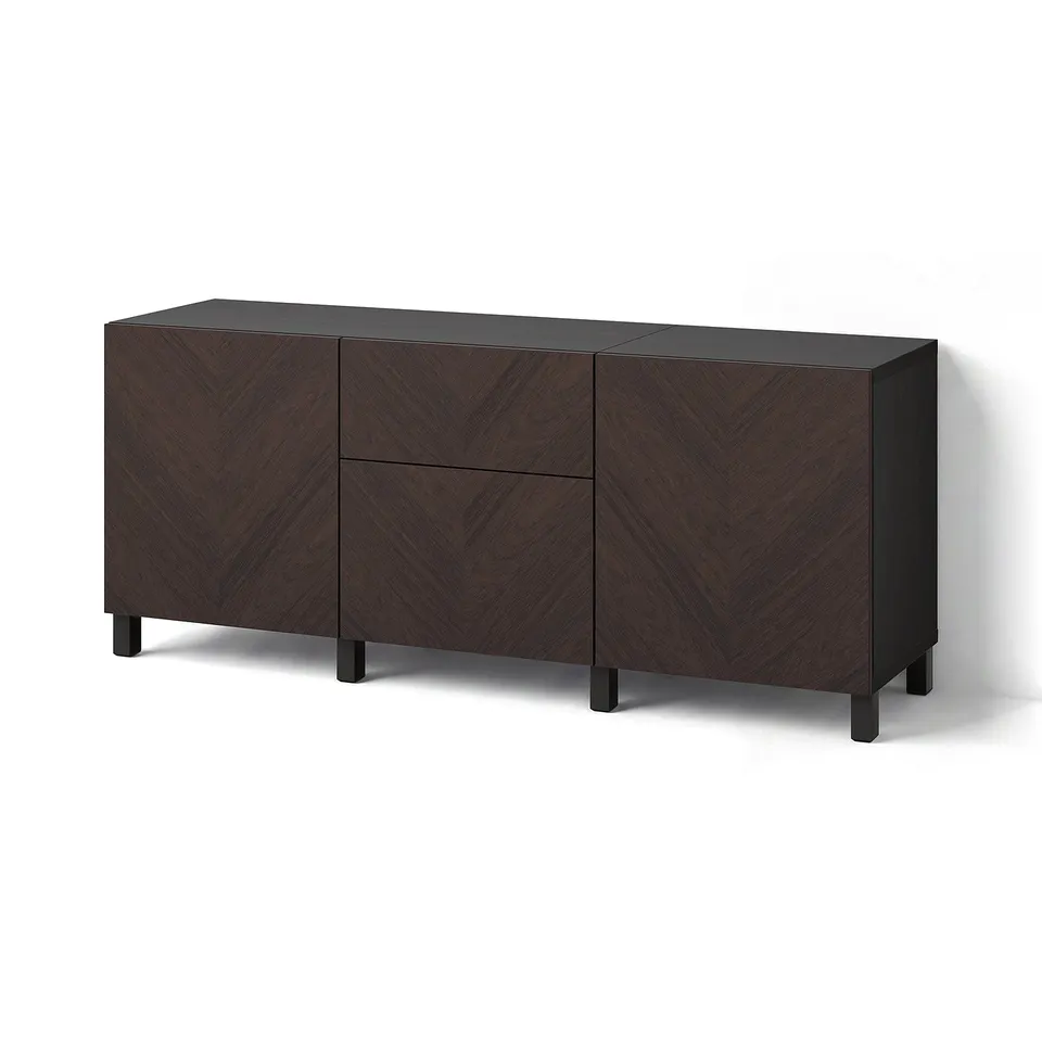 BESTÅ Storage combination with drawers, black-brown Hedeviken/Stubbarp/dark brown stained oak veneer, 180x42x74 cm