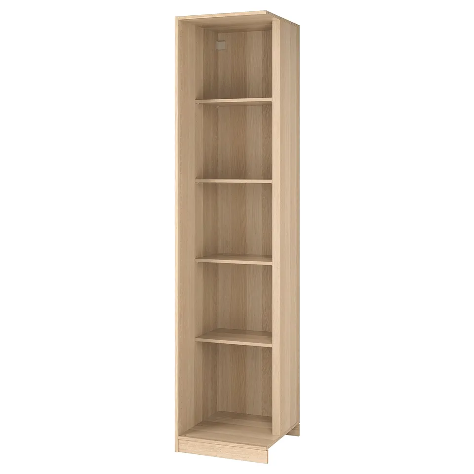 An open PAX wardrobe unit, light oak, vertical with multiple shelves.