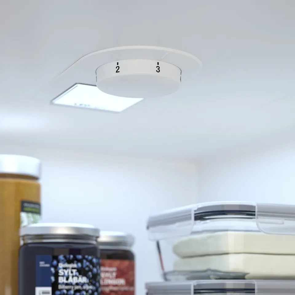 Refrigerator with integrated, lifelong led light and storage shelves.
