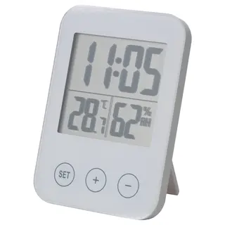 SLÅTTIS clock with hygro-/thermometer, white, 8x12 cm