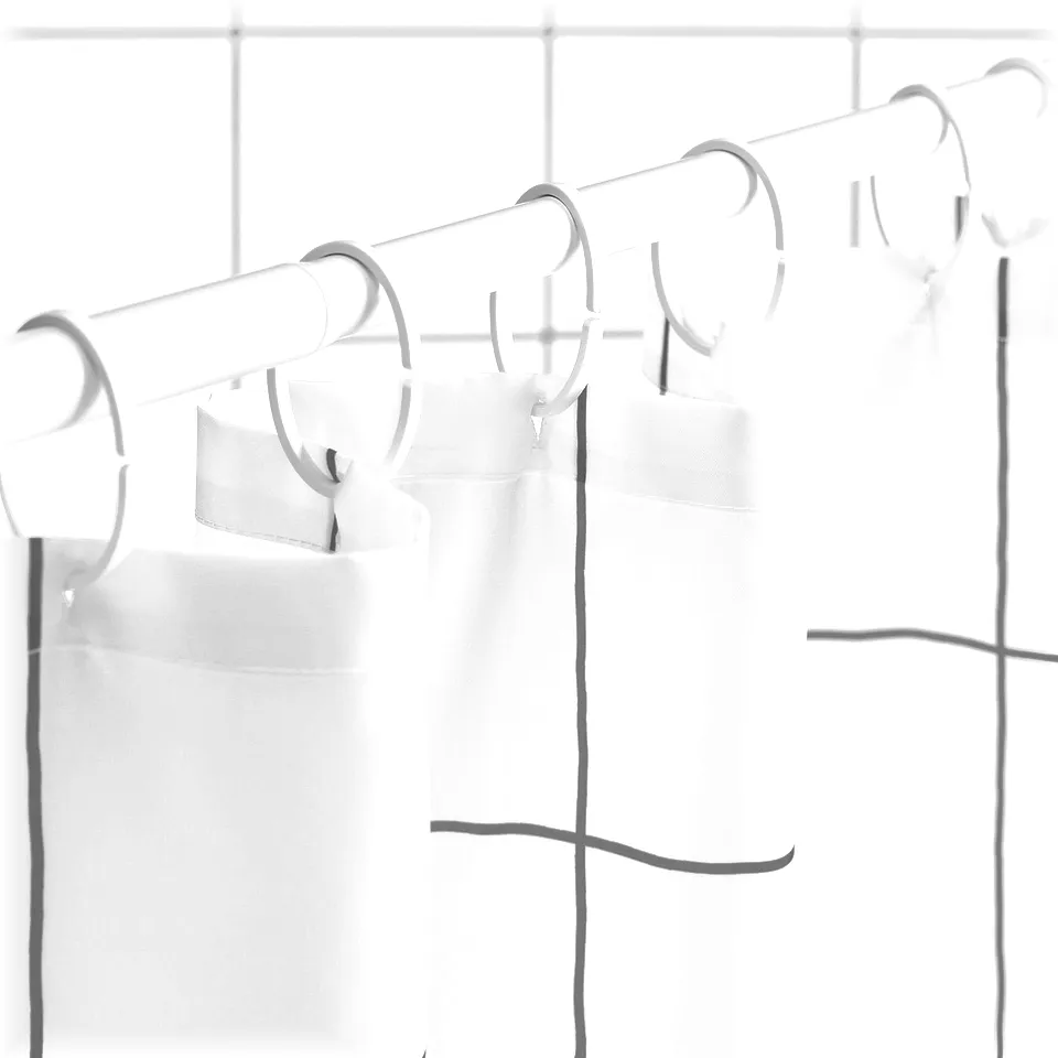White shower curtain with dark grey tiled design hangs from rings and rod, water-repellent.