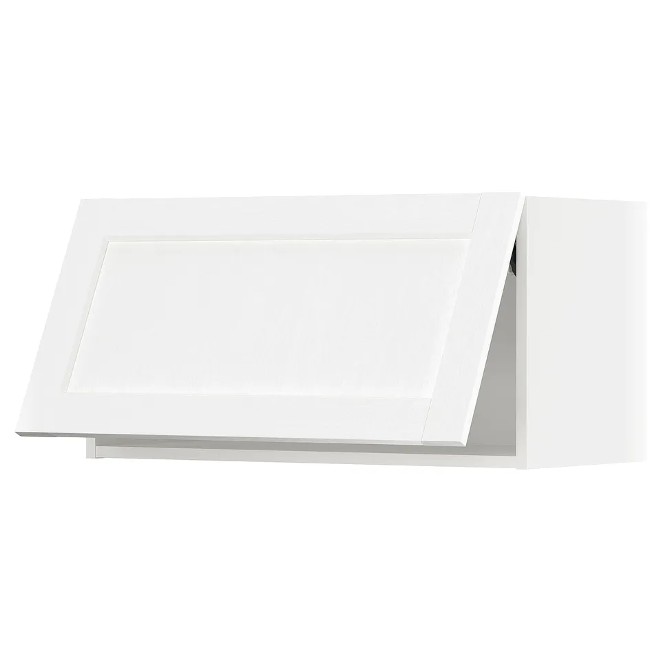 A white METOD kitchen cabinet with a simple, modern design, featuring a lift-up door.