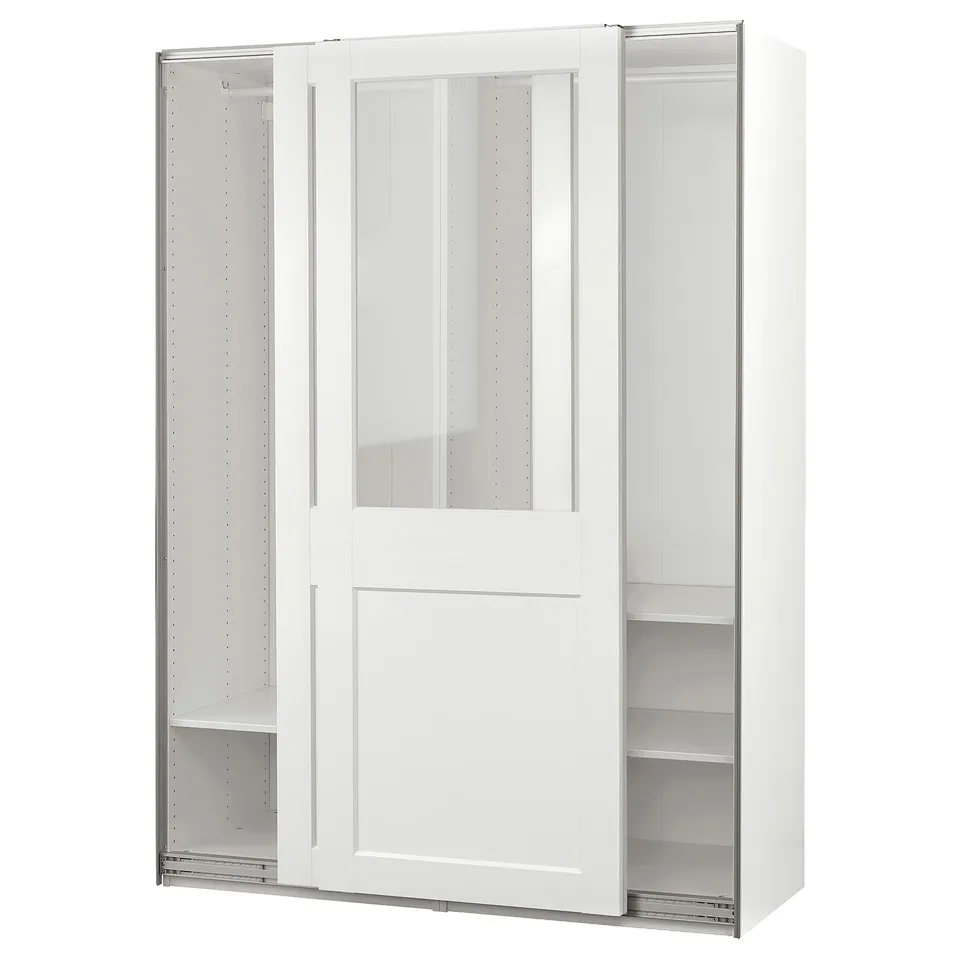 A white ikea PAX wardrobe with glass and mirrored sliding doors.