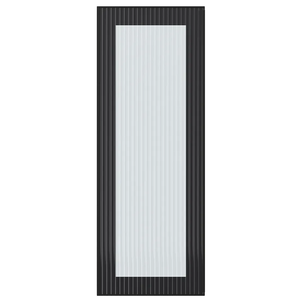 A HEJSTA black framed glass door with vertical lines, featuring a sleek, modern design.