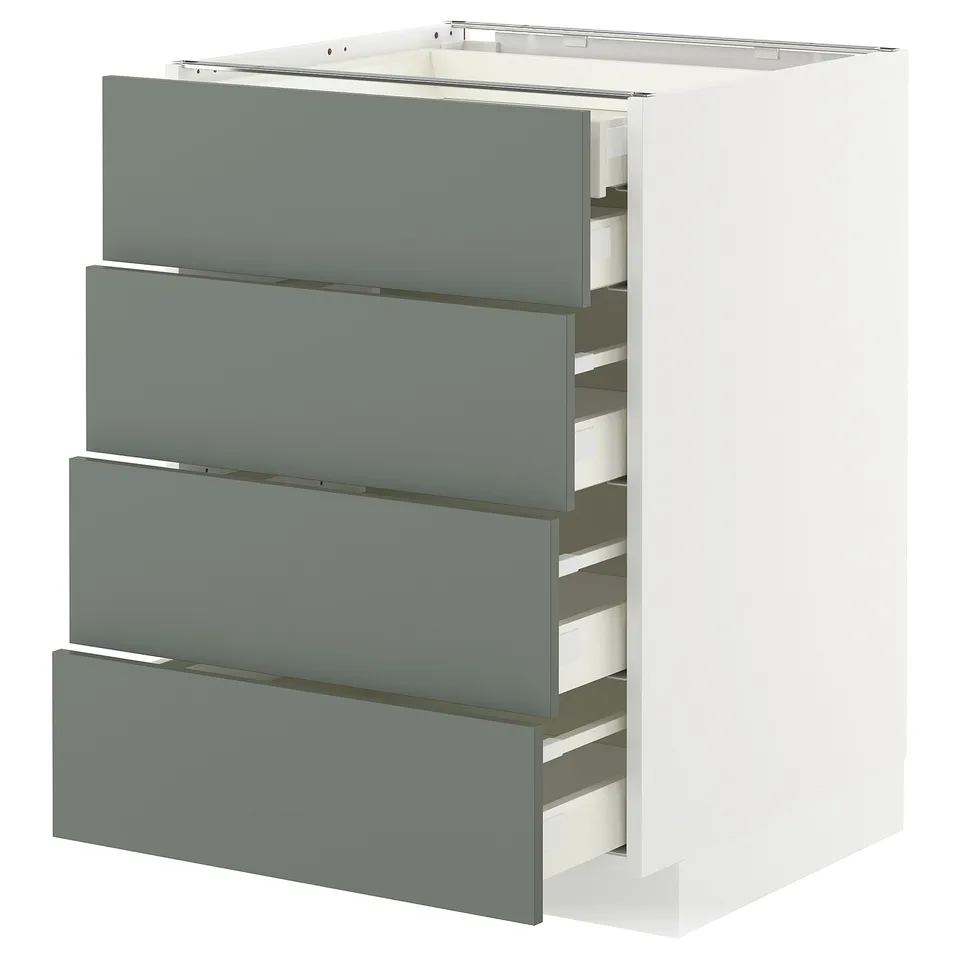 White METOD cabinet with 4 blue-green drawers.