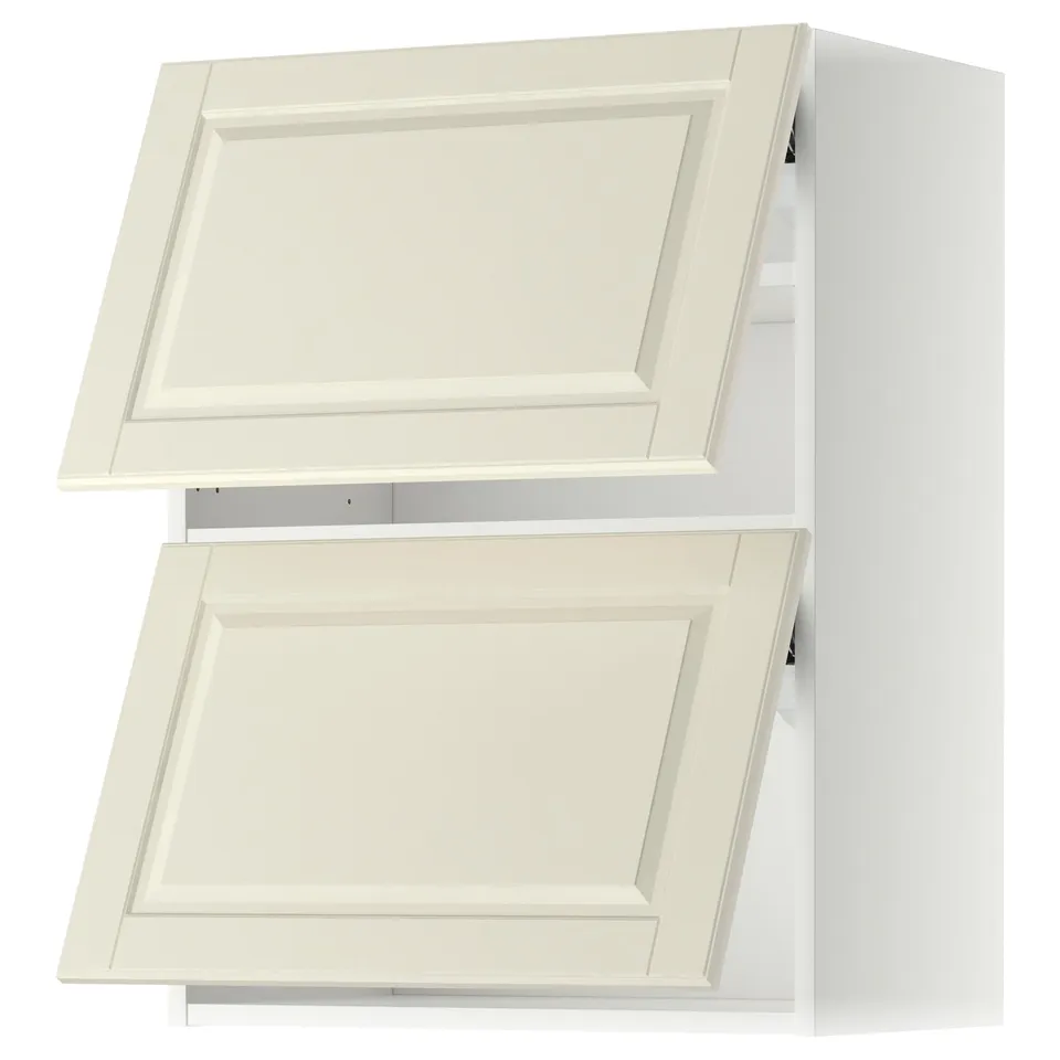 Two off-white kitchen cabinets with bevelled edges.