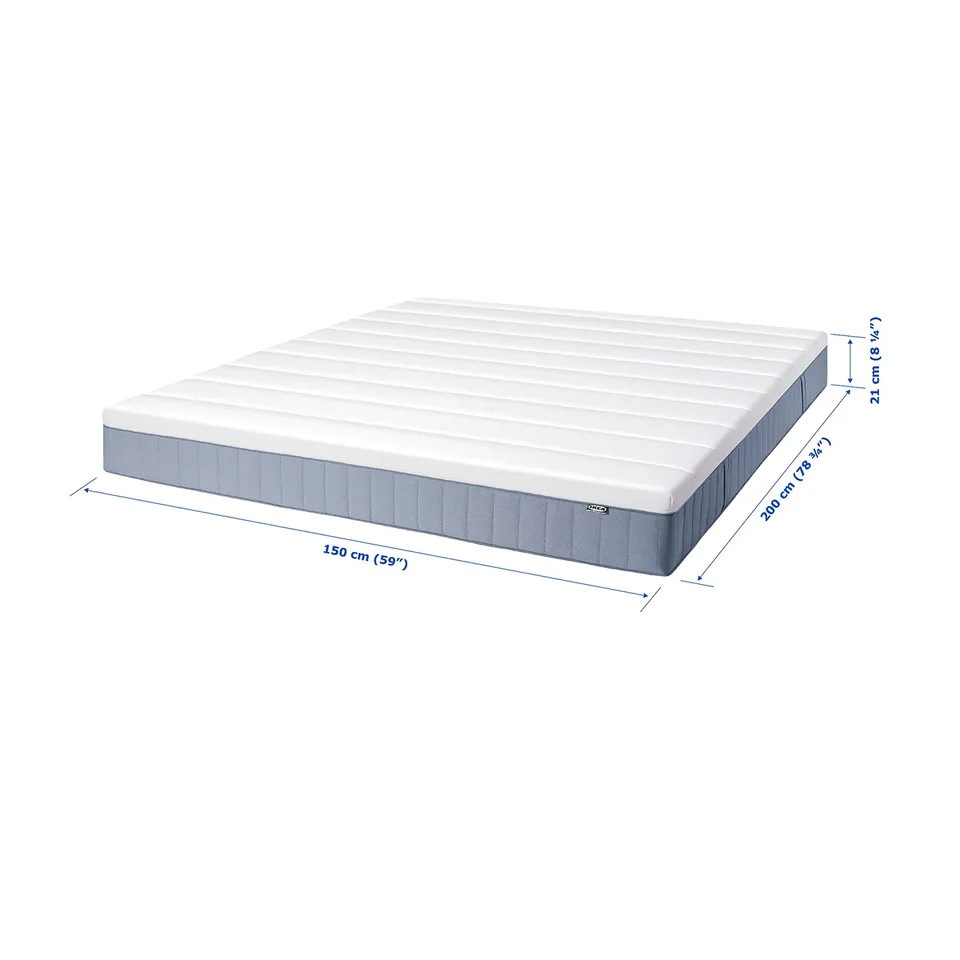 A VALLBERGET mattress. Dimensions: 200 x 150 x 21 cm. White and grey. Rectangular shape. Quilted top, pocket springs.