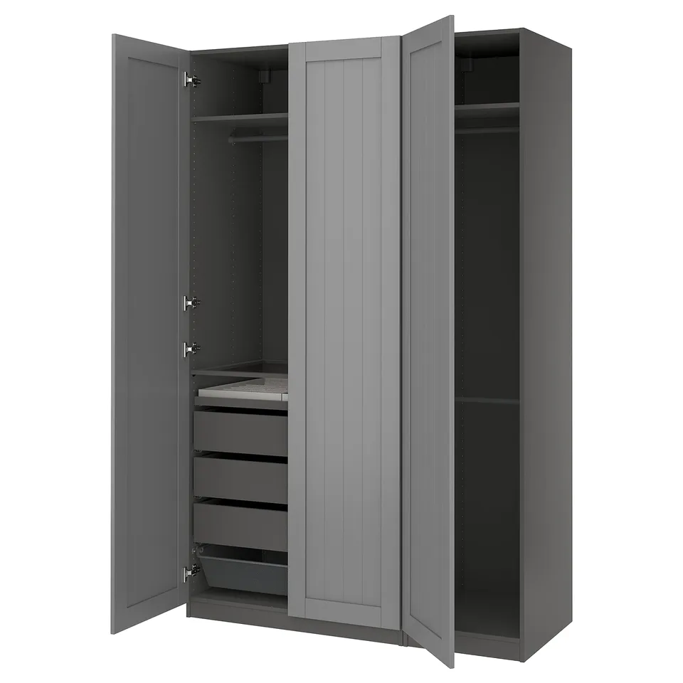 A grey PAX wardrobe with open doors, revealing adjustable shelves and drawers. It offers ample storage space and has a modern design.