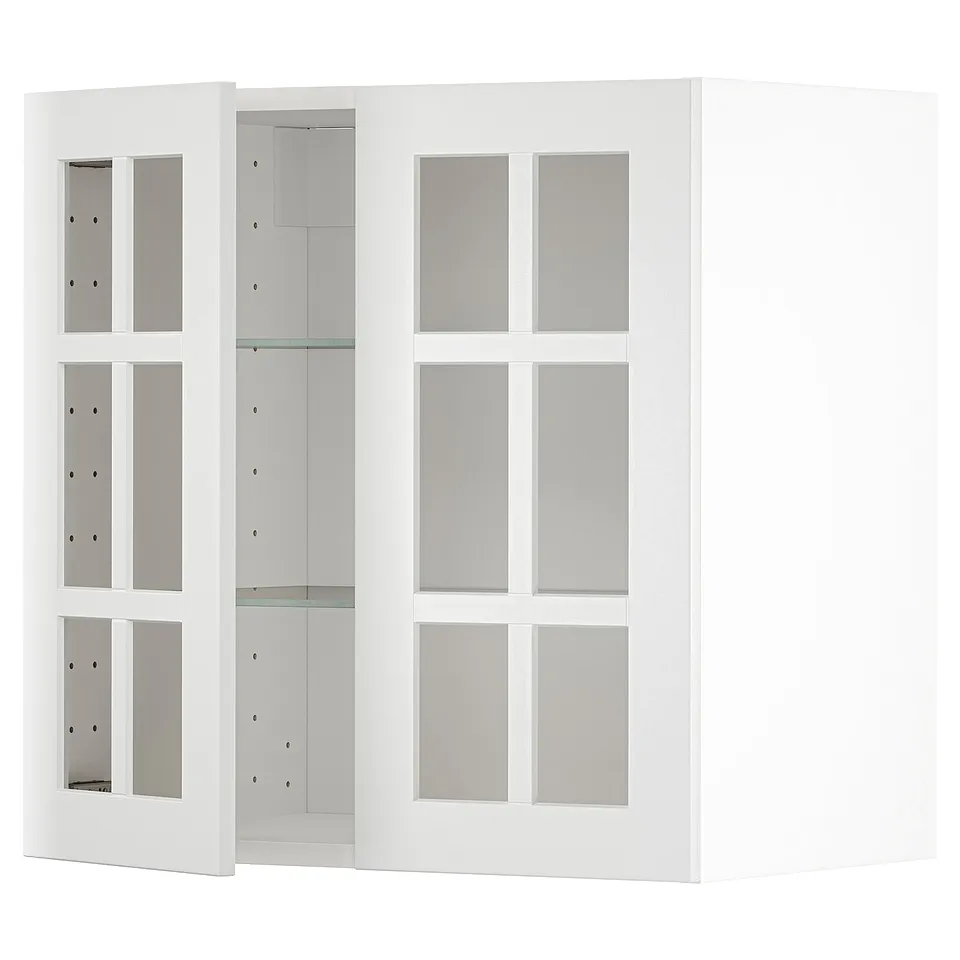 METOD white wall kitchen unit, three shelves, frosted glass doors.