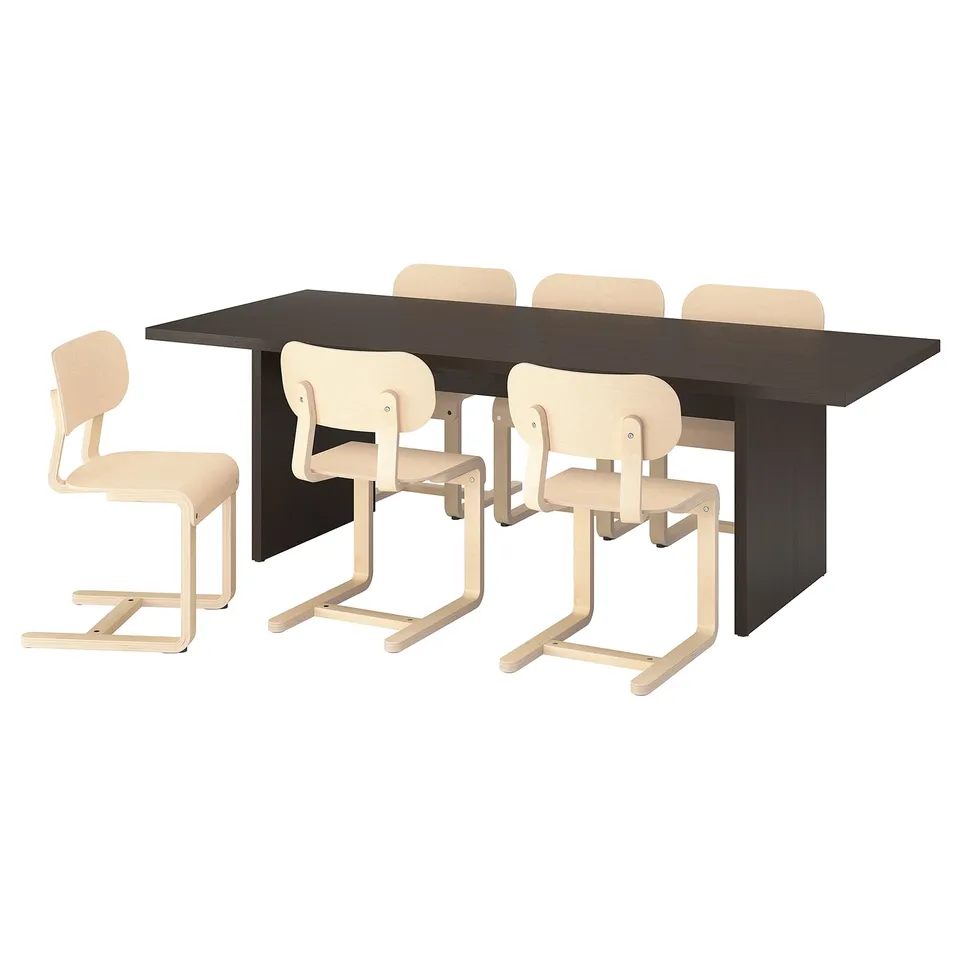 BERGSHYTTAN / LYCKAN Table and 6 chairs, dark brown ash veneer/birch veneer, 240x93 cm