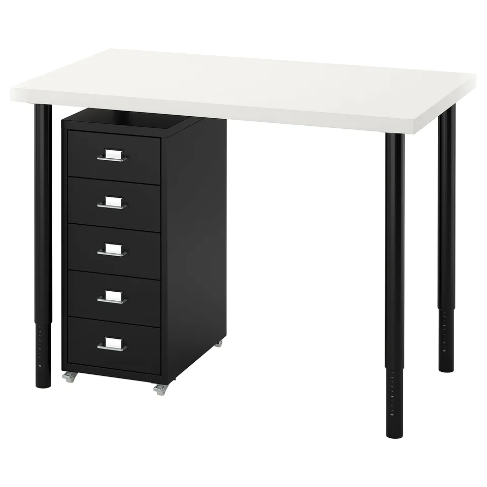 LINNMON/OLOV desk, white top, black drawers & legs. Sturdy, modern, adjustable height.