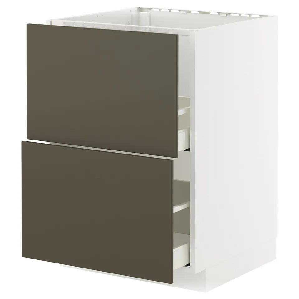 Modern kitchen unit with dark brown drawers & white frame.