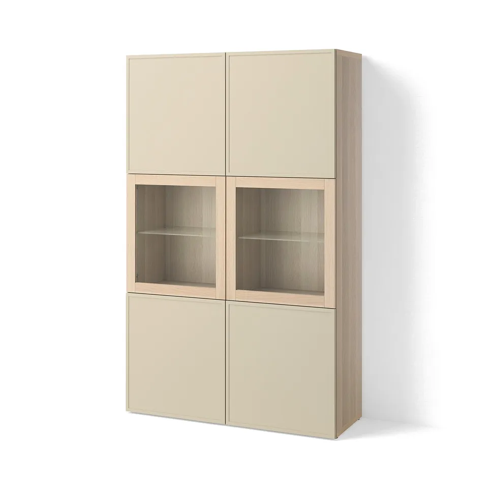 BESTÅ Storage combination w glass doors, white stained oak effect/Krukmakare beige, 120x42x193 cm
