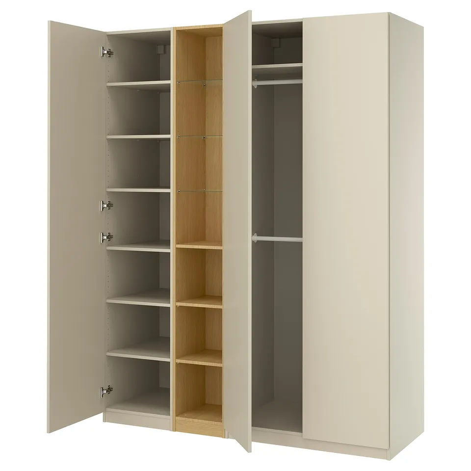 PAX / FORSAND Wardrobe combination, grey-beige grey-beige/oak effect, 185x60x236 cm