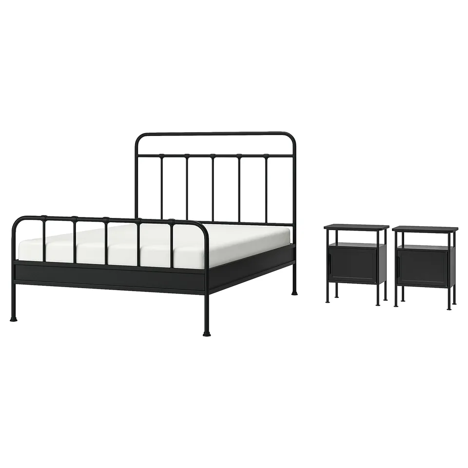 Modern black metal bed and bedside table set with curved lines and storage; perfect for contemporary rooms.