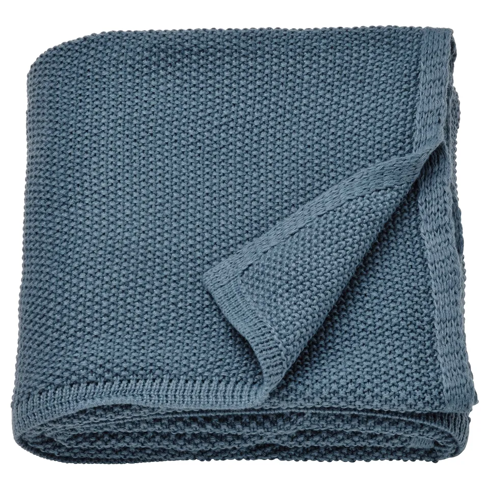 HUMLEMOTT throw, blue-gray, recycled polyester, knitted, soft, folded square.