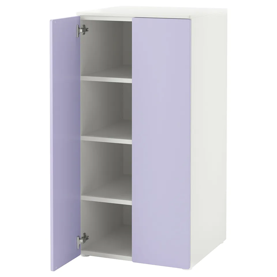 SMÅSTAD cabinet, white and lavender, with three open shelves behind purple doors.