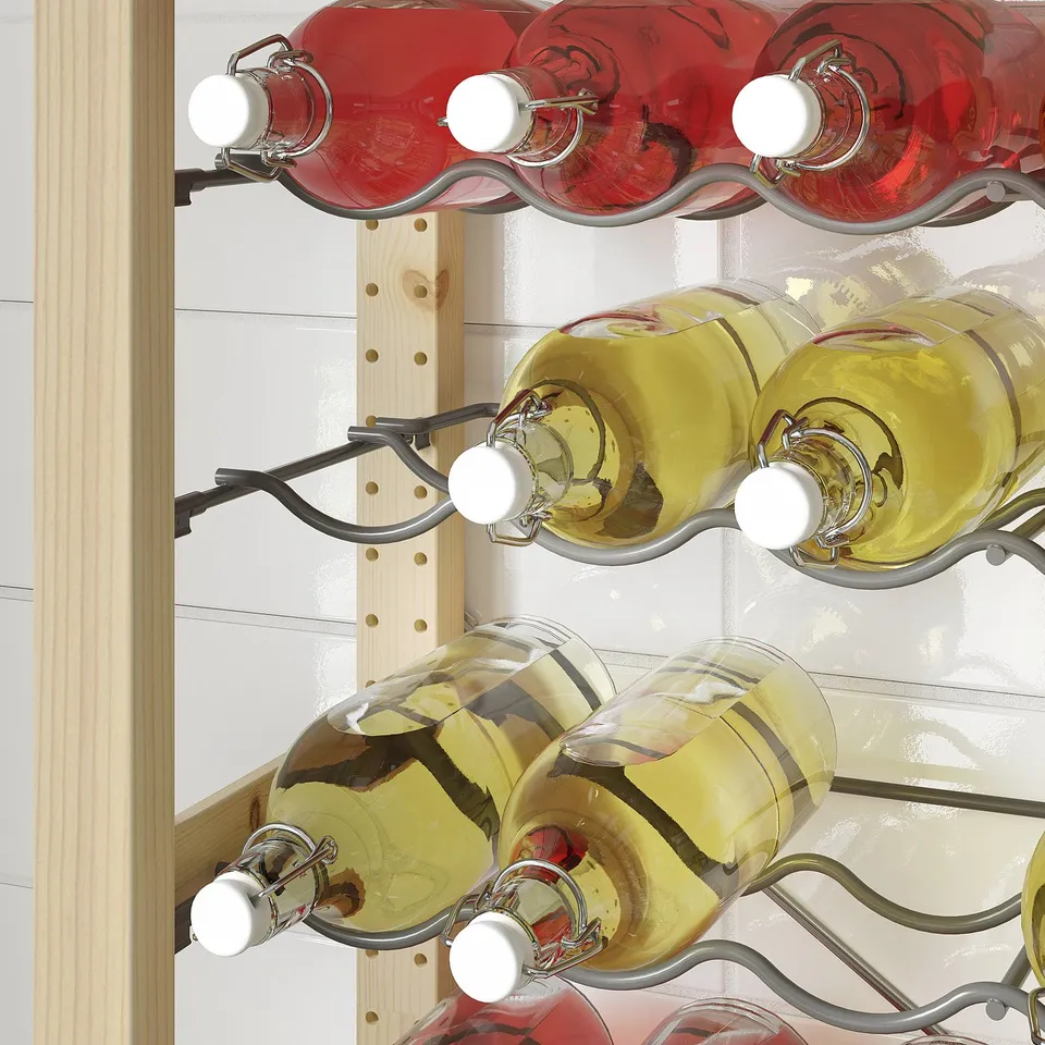 Bottles stored on adjustable IVAR racks.