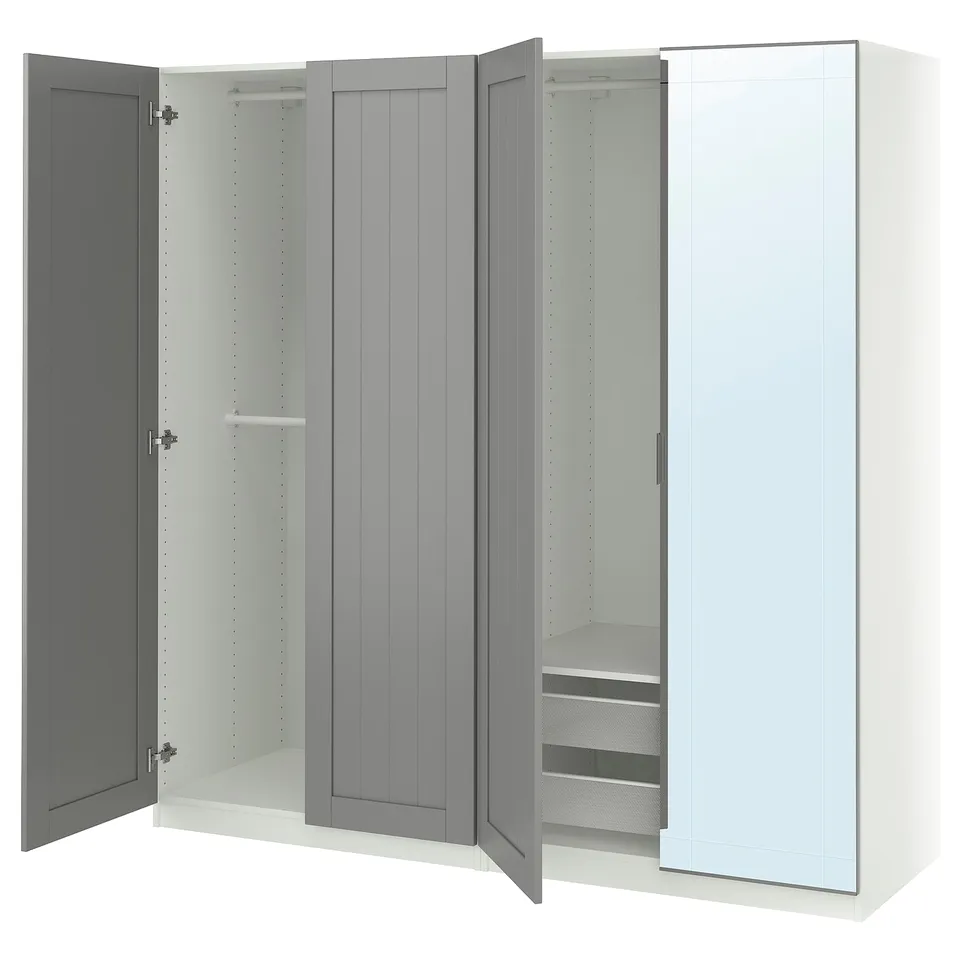 A PAX wardrobe in white and grey with grimo sliding doors, some open revealing shelves and hanging rails.