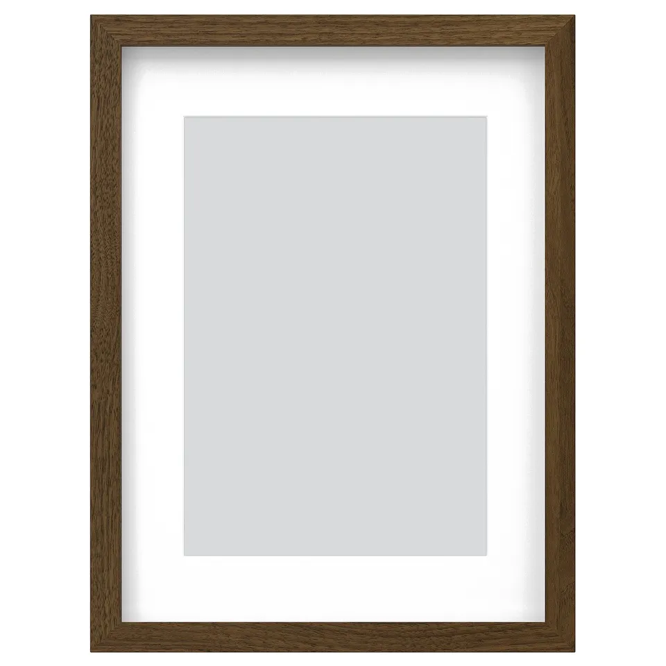 Brown wooden picture frame, rectangular shape with white mat, for vertical or horizontal display.