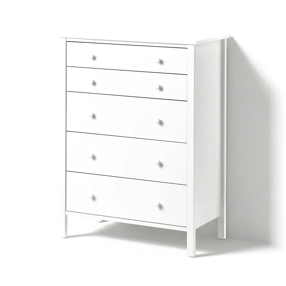 White KILBERGET chest, 5 drawers, simple design, standing against wall.