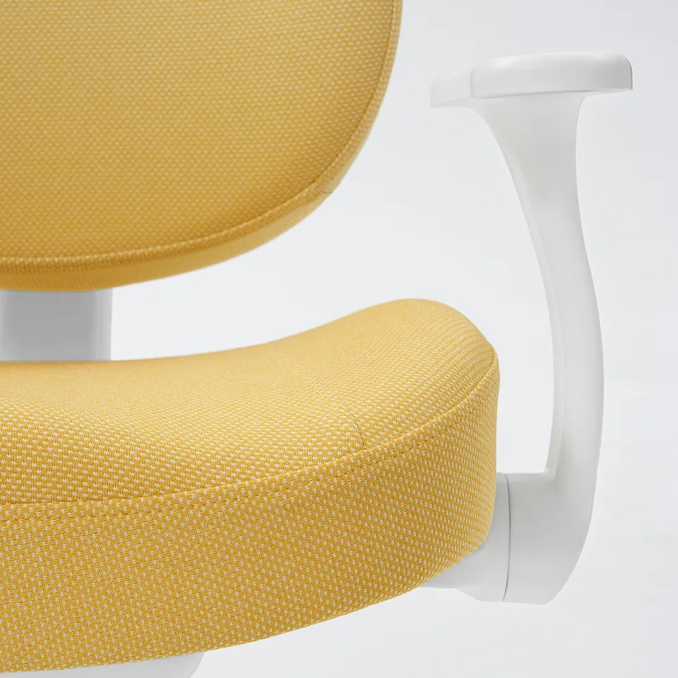 Bright yellow office chair with adjustable seat and back, white armrests, and a sturdy base. Comfortable, ergonomic design.